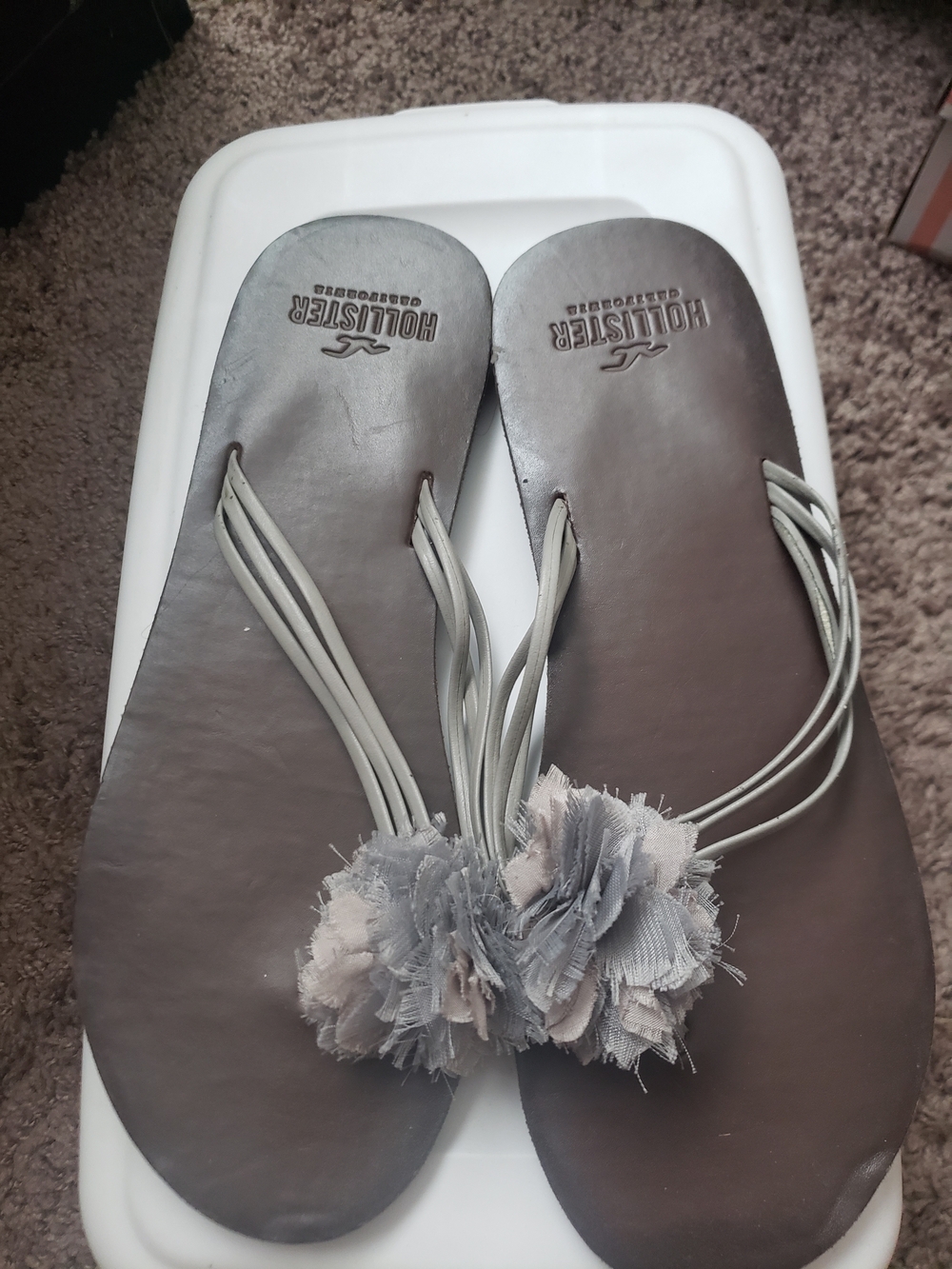 Hollister Brown Flip Flops with Gray and Light Pink Fabric Flowers